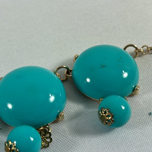 Faux Turquoise Bubble Plastic Beaded Bib Necklace Gold Tone Drop Statement - Picture 8 of 10